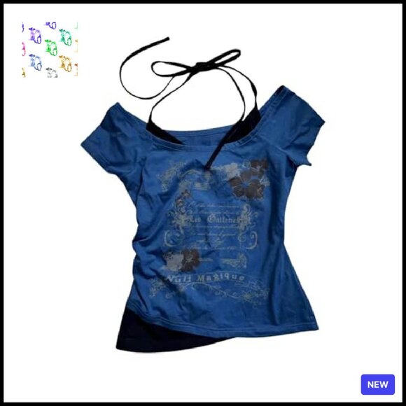 Y2K Graphic Halter Neck T-Shirt Ruched Short Sleeve Going Out Top - Picture 2 of 6
